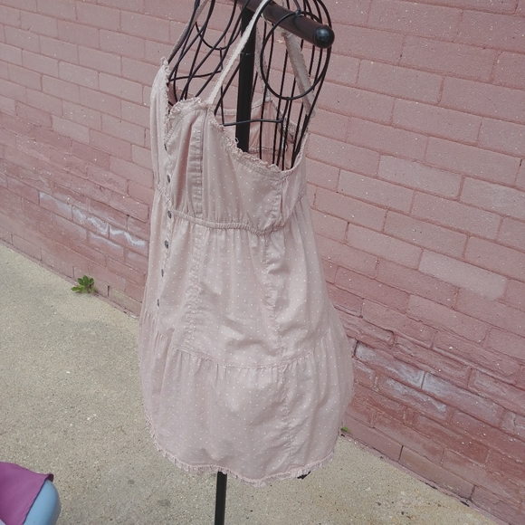 Decree • Y2k Neutral Raw Hem Boho Tan Polka Dot Babydoll Tunic Tank Top Large - Picture 4 of 9